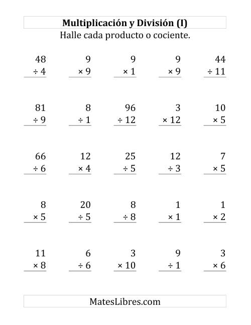 La hoja de ejercicios de 25 Ejercicios de Multiplicación y División (de 1 a 12) (I)