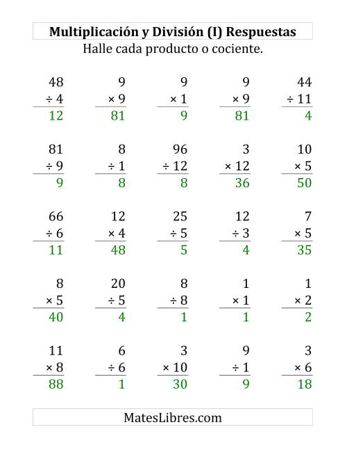 La hoja de ejercicios de 25 Ejercicios de Multiplicación y División (de 1 a 12) (I) Página 2