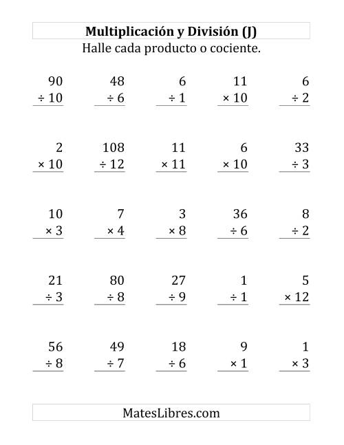 La hoja de ejercicios de 25 Ejercicios de Multiplicación y División (de 1 a 12) (J)