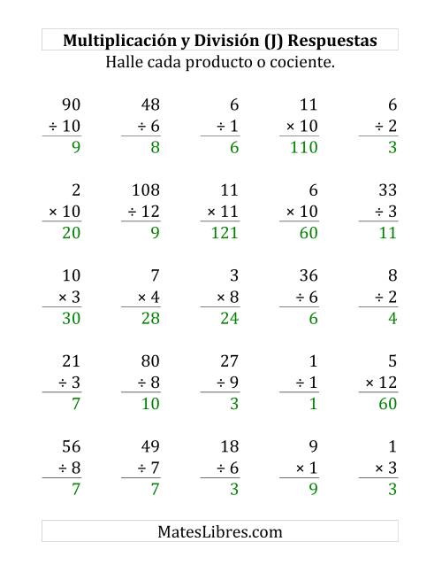 La hoja de ejercicios de 25 Ejercicios de Multiplicación y División (de 1 a 12) (J) Página 2