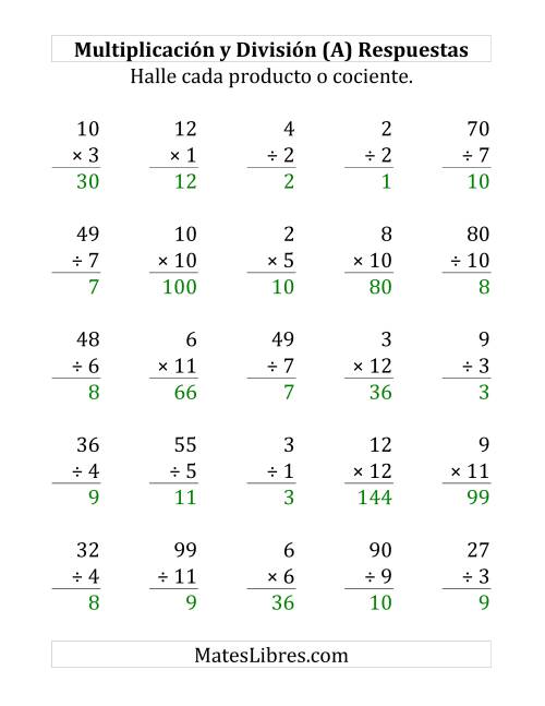 La hoja de ejercicios de 25 Ejercicios de Multiplicación y División (de 1 a 12) (Todas) Página 2