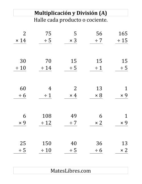 La hoja de ejercicios de 25 Ejercicios de Multiplicación y División (de 1 a 15) (A)
