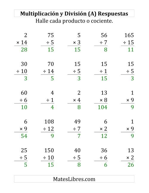 La hoja de ejercicios de 25 Ejercicios de Multiplicación y División (de 1 a 15) (A) Página 2