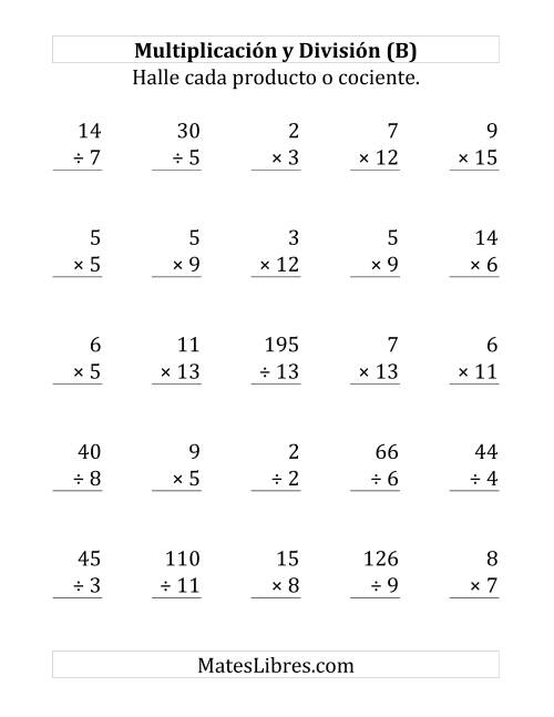 La hoja de ejercicios de 25 Ejercicios de Multiplicación y División (de 1 a 15) (B)