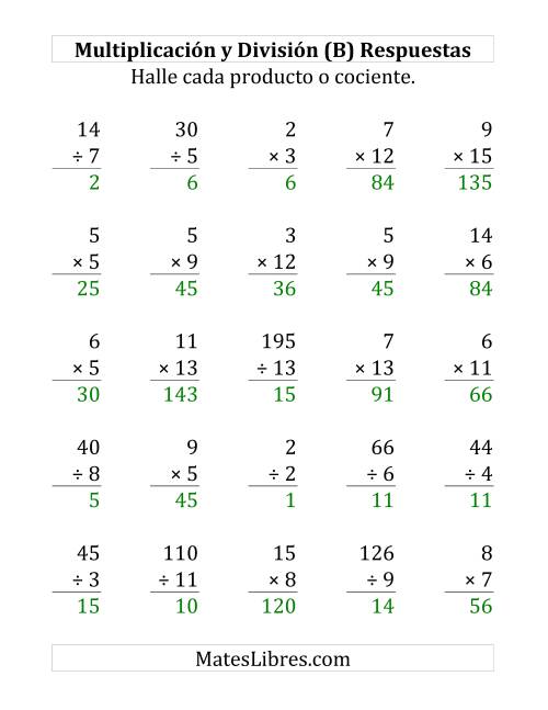 La hoja de ejercicios de 25 Ejercicios de Multiplicación y División (de 1 a 15) (B) Página 2