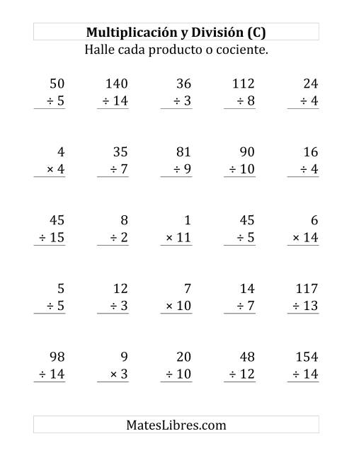 La hoja de ejercicios de 25 Ejercicios de Multiplicación y División (de 1 a 15) (C)