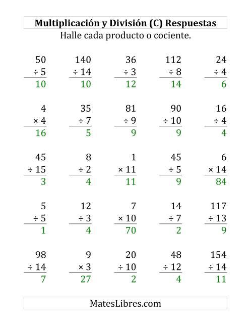 La hoja de ejercicios de 25 Ejercicios de Multiplicación y División (de 1 a 15) (C) Página 2
