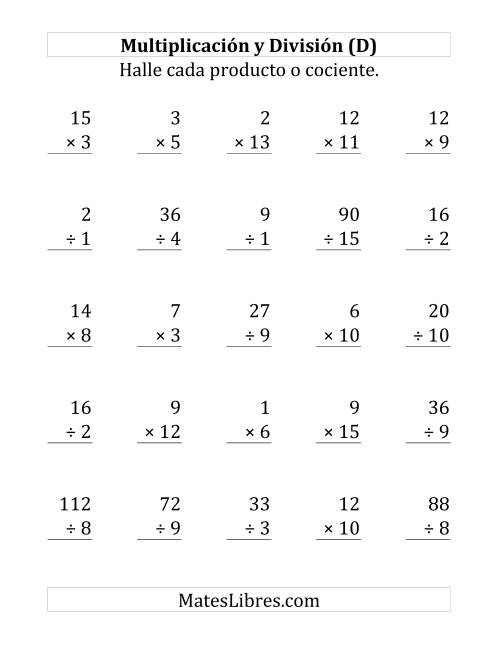 La hoja de ejercicios de 25 Ejercicios de Multiplicación y División (de 1 a 15) (D)