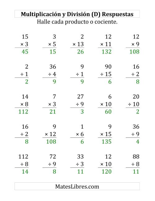 La hoja de ejercicios de 25 Ejercicios de Multiplicación y División (de 1 a 15) (D) Página 2