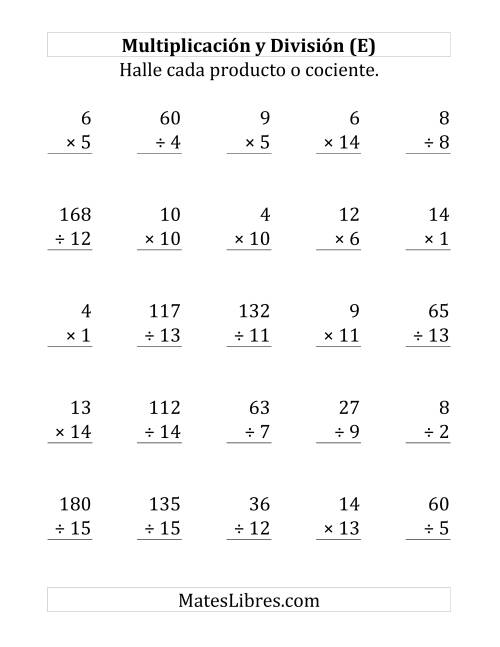 La hoja de ejercicios de 25 Ejercicios de Multiplicación y División (de 1 a 15) (E)
