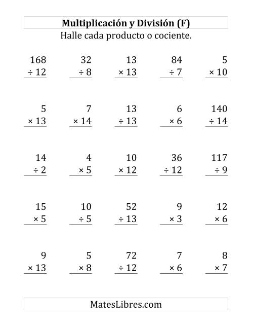 La hoja de ejercicios de 25 Ejercicios de Multiplicación y División (de 1 a 15) (F)