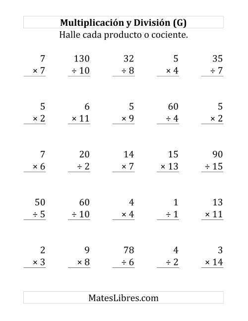 La hoja de ejercicios de 25 Ejercicios de Multiplicación y División (de 1 a 15) (G)
