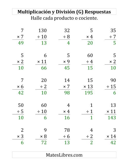 La hoja de ejercicios de 25 Ejercicios de Multiplicación y División (de 1 a 15) (G) Página 2