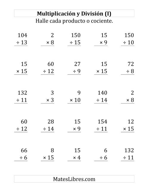 La hoja de ejercicios de 25 Ejercicios de Multiplicación y División (de 1 a 15) (I)