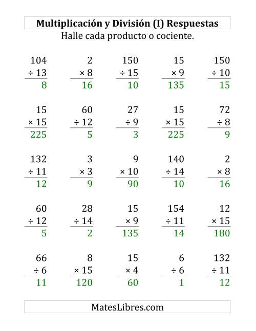 La hoja de ejercicios de 25 Ejercicios de Multiplicación y División (de 1 a 15) (I) Página 2