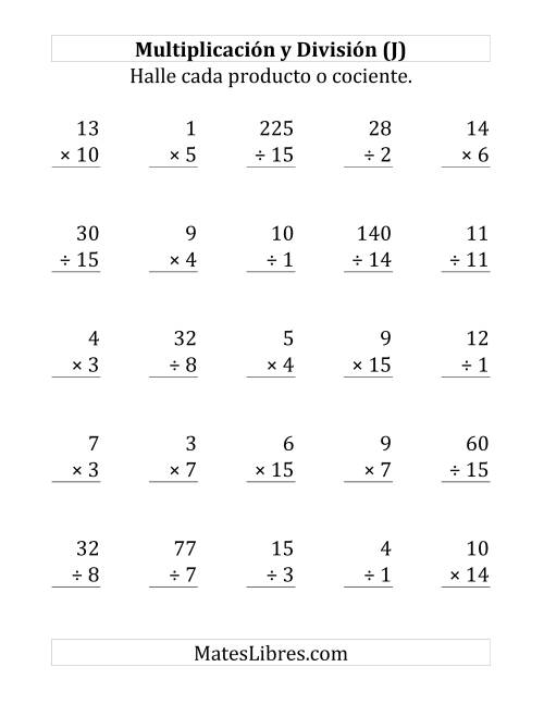 La hoja de ejercicios de 25 Ejercicios de Multiplicación y División (de 1 a 15) (J)