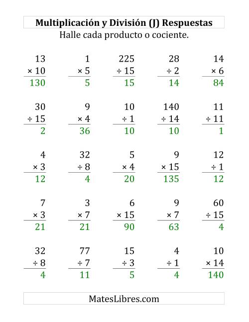La hoja de ejercicios de 25 Ejercicios de Multiplicación y División (de 1 a 15) (J) Página 2