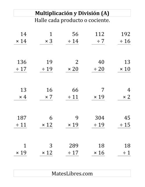 La hoja de ejercicios de 25 Ejercicios de Multiplicación y División (de 1 a 20) (A)