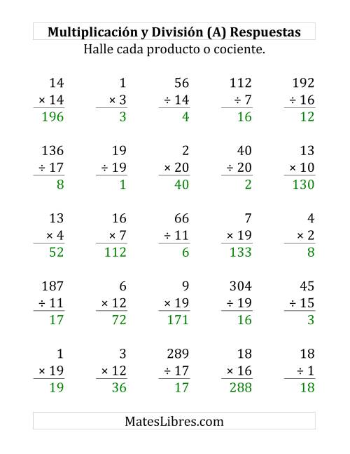 La hoja de ejercicios de 25 Ejercicios de Multiplicación y División (de 1 a 20) (A) Página 2