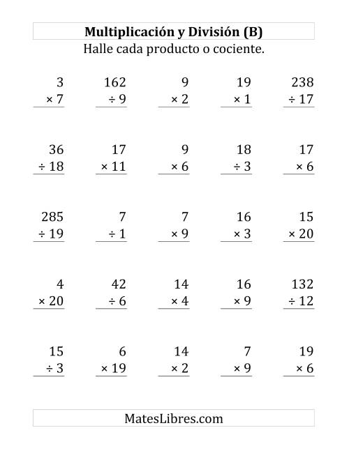 La hoja de ejercicios de 25 Ejercicios de Multiplicación y División (de 1 a 20) (B)