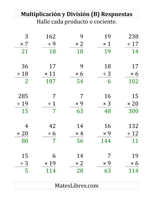 La hoja de ejercicios de 25 Ejercicios de Multiplicación y División (de 1 a 20) (B) Página 2