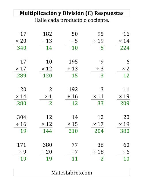 La hoja de ejercicios de 25 Ejercicios de Multiplicación y División (de 1 a 20) (C) Página 2