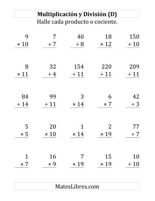 La hoja de ejercicios de 25 Ejercicios de Multiplicación y División (de 1 a 20) (D)