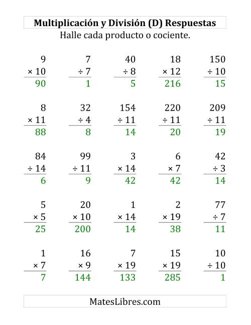 La hoja de ejercicios de 25 Ejercicios de Multiplicación y División (de 1 a 20) (D) Página 2