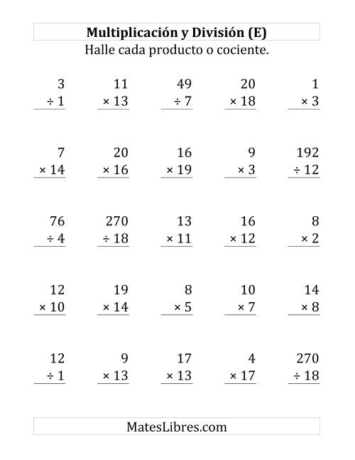 La hoja de ejercicios de 25 Ejercicios de Multiplicación y División (de 1 a 20) (E)