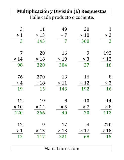 La hoja de ejercicios de 25 Ejercicios de Multiplicación y División (de 1 a 20) (E) Página 2