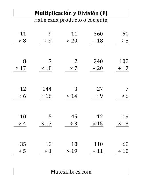 La hoja de ejercicios de 25 Ejercicios de Multiplicación y División (de 1 a 20) (F)