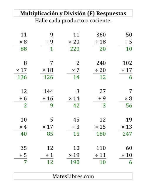 La hoja de ejercicios de 25 Ejercicios de Multiplicación y División (de 1 a 20) (F) Página 2