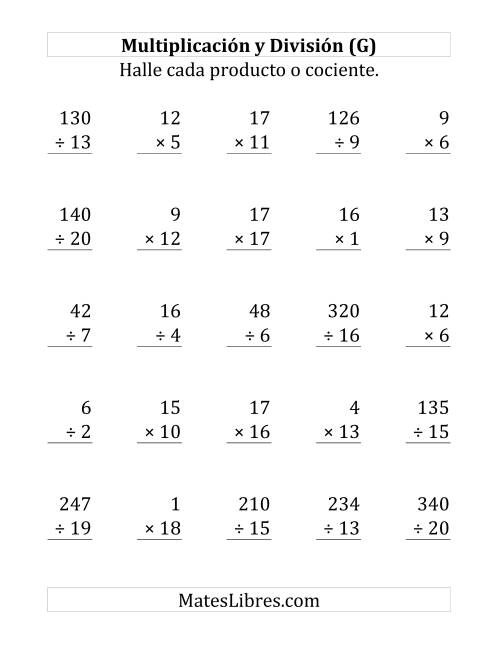 La hoja de ejercicios de 25 Ejercicios de Multiplicación y División (de 1 a 20) (G)