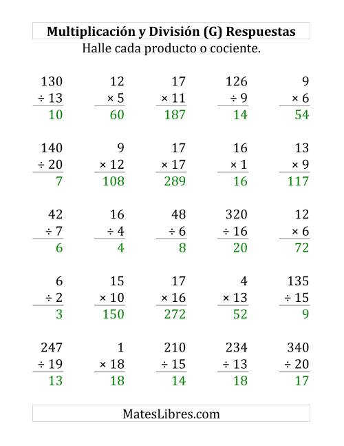 La hoja de ejercicios de 25 Ejercicios de Multiplicación y División (de 1 a 20) (G) Página 2