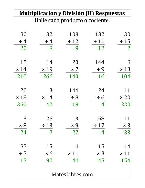 La hoja de ejercicios de 25 Ejercicios de Multiplicación y División (de 1 a 20) (H) Página 2