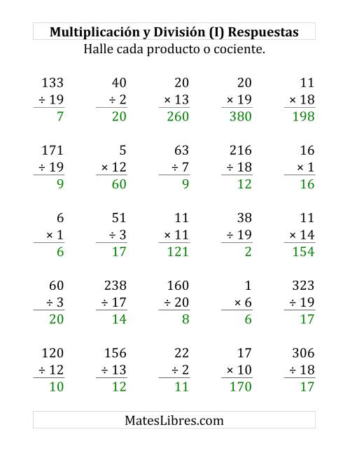 La hoja de ejercicios de 25 Ejercicios de Multiplicación y División (de 1 a 20) (I) Página 2