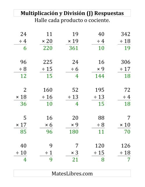 La hoja de ejercicios de 25 Ejercicios de Multiplicación y División (de 1 a 20) (J) Página 2