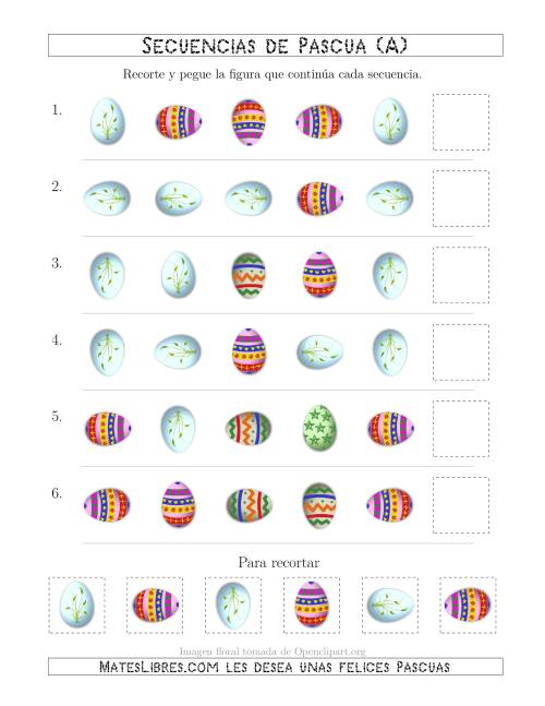 La hoja de ejercicios de Secuencias de Imágenes de Huevos de Pascuas Cambiando los Atributos Forma y Rotación (A)