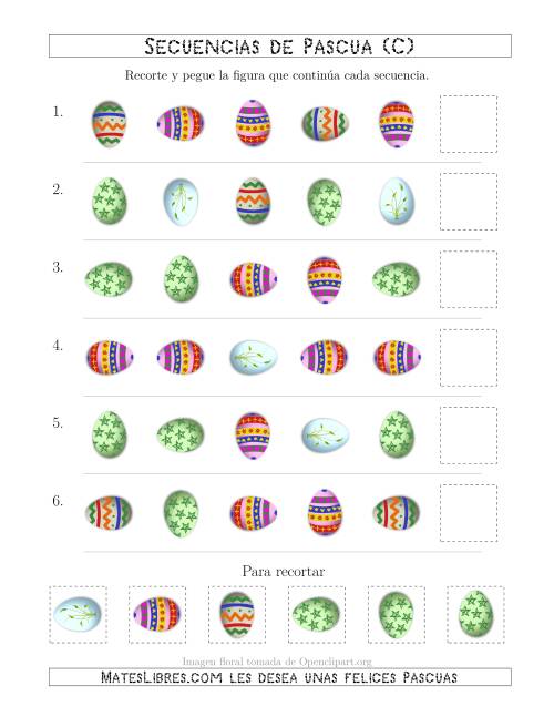 La hoja de ejercicios de Secuencias de Imágenes de Huevos de Pascuas Cambiando los Atributos Forma y Rotación (C)