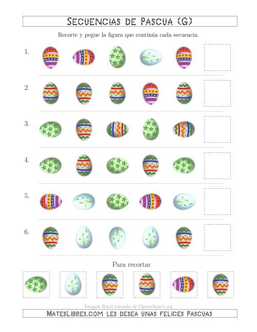 La hoja de ejercicios de Secuencias de Imágenes de Huevos de Pascuas Cambiando los Atributos Forma y Rotación (G)