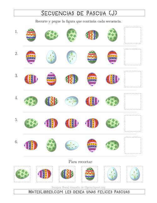 La hoja de ejercicios de Secuencias de Imágenes de Huevos de Pascuas Cambiando los Atributos Forma y Rotación (J)