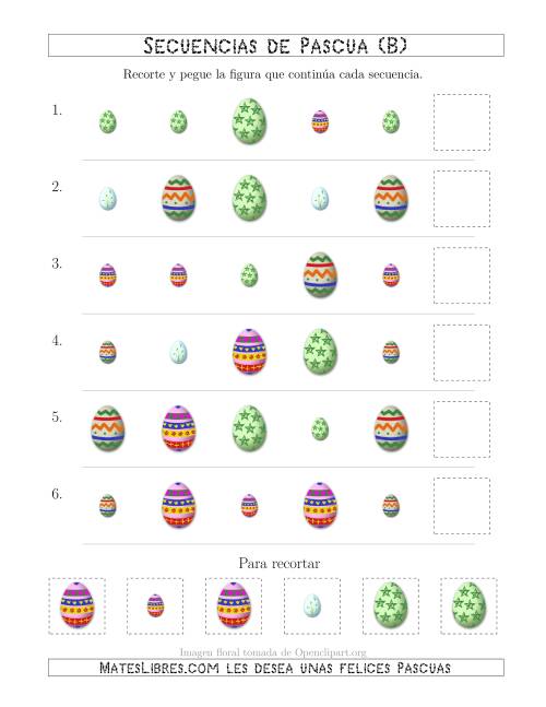La hoja de ejercicios de Secuencias de Imágenes de Huevos de Pascuas Cambiando los Atributos Forma y Tamaño (B)