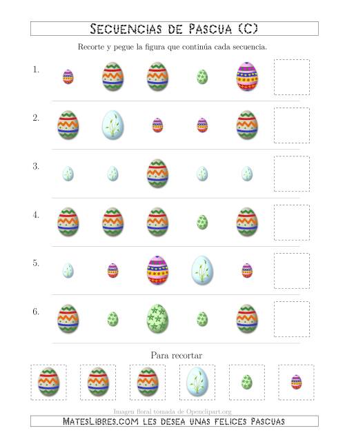 La hoja de ejercicios de Secuencias de Imágenes de Huevos de Pascuas Cambiando los Atributos Forma y Tamaño (C)