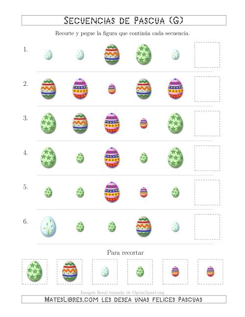 La hoja de ejercicios de Secuencias de Imágenes de Huevos de Pascuas Cambiando los Atributos Forma y Tamaño (G)