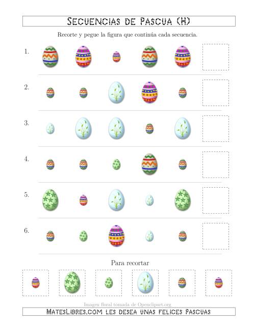 La hoja de ejercicios de Secuencias de Imágenes de Huevos de Pascuas Cambiando los Atributos Forma y Tamaño (H)