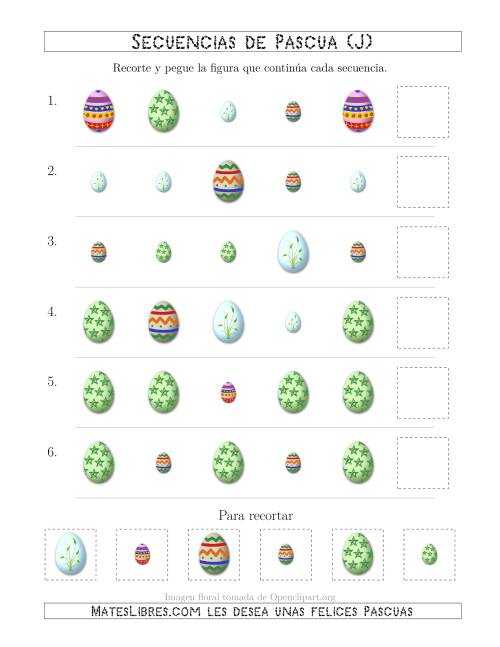 La hoja de ejercicios de Secuencias de Imágenes de Huevos de Pascuas Cambiando los Atributos Forma y Tamaño (J)