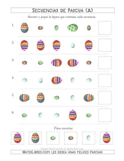 La hoja de ejercicios de Secuencias de Imágenes de Huevos de Pascuas Cambiando los Atributos Forma, Rotación y Tamaño (A)