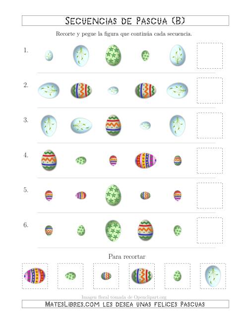 La hoja de ejercicios de Secuencias de Imágenes de Huevos de Pascuas Cambiando los Atributos Forma, Rotación y Tamaño (B)