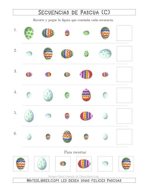 La hoja de ejercicios de Secuencias de Imágenes de Huevos de Pascuas Cambiando los Atributos Forma, Rotación y Tamaño (C)