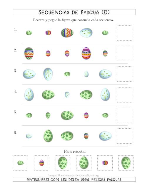 La hoja de ejercicios de Secuencias de Imágenes de Huevos de Pascuas Cambiando los Atributos Forma, Rotación y Tamaño (D)